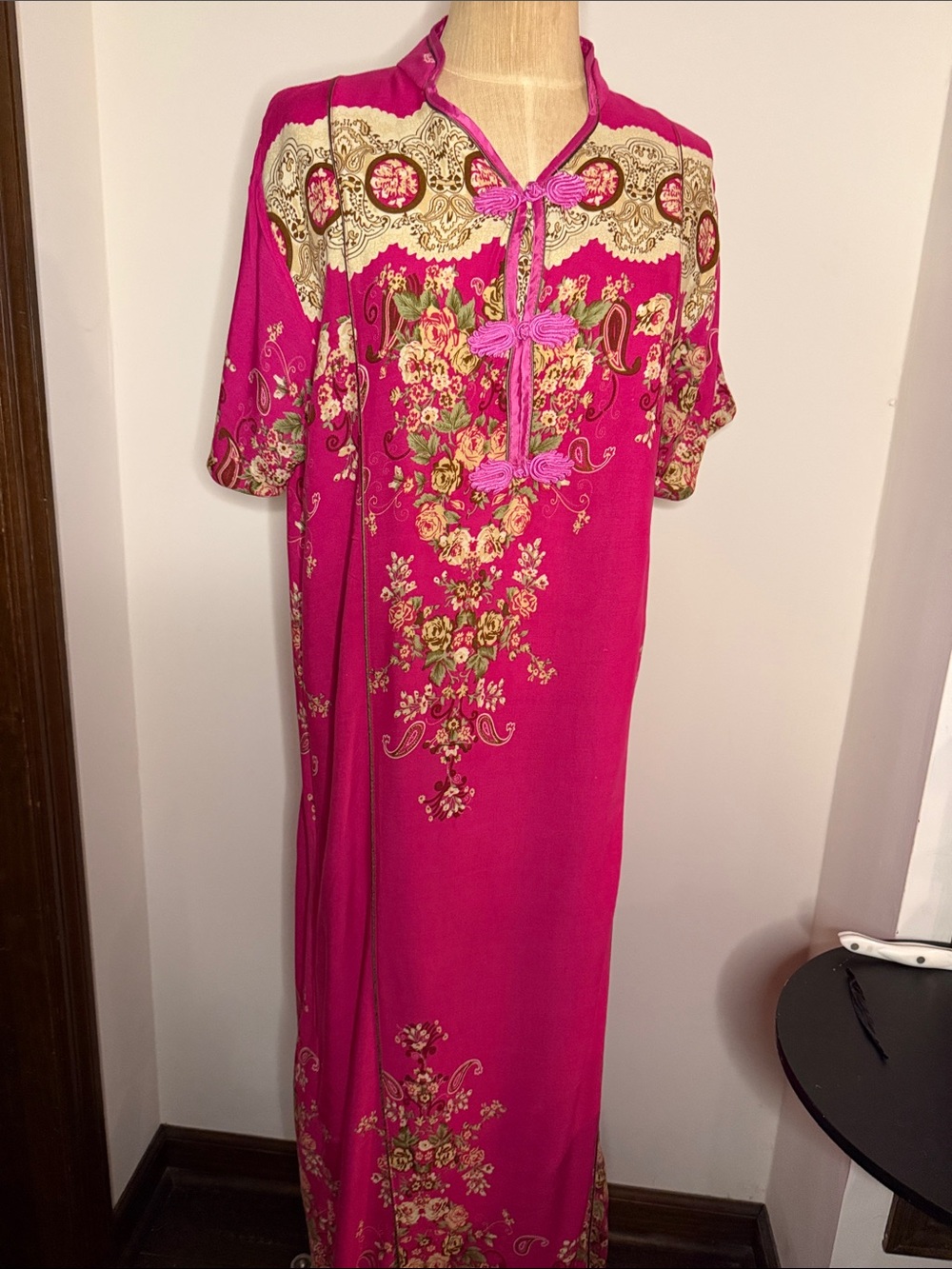 Bright Pink Floral Maxi Dress with Mandarin Collar